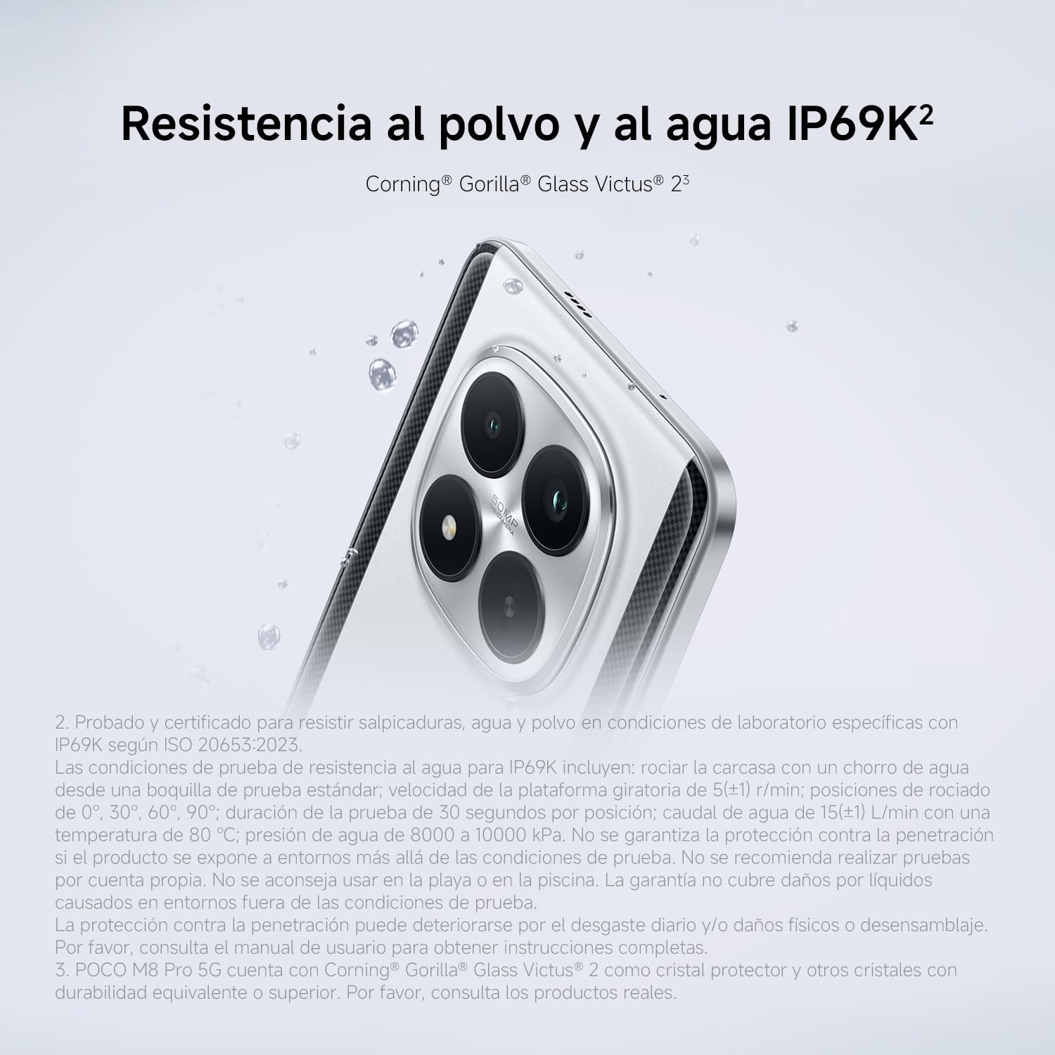 Smartphone XIAOMI POCO M8 Pro 5G plateado con certificación IP69K de resistencia al agua y polvo