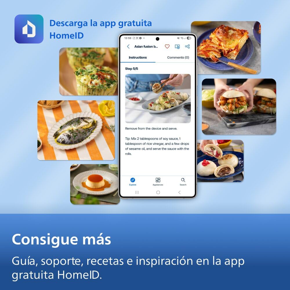 Promoción de la app gratuita HomeID mostrando recetas y pasos de cocinado en smartphone para Philips Airfryer.