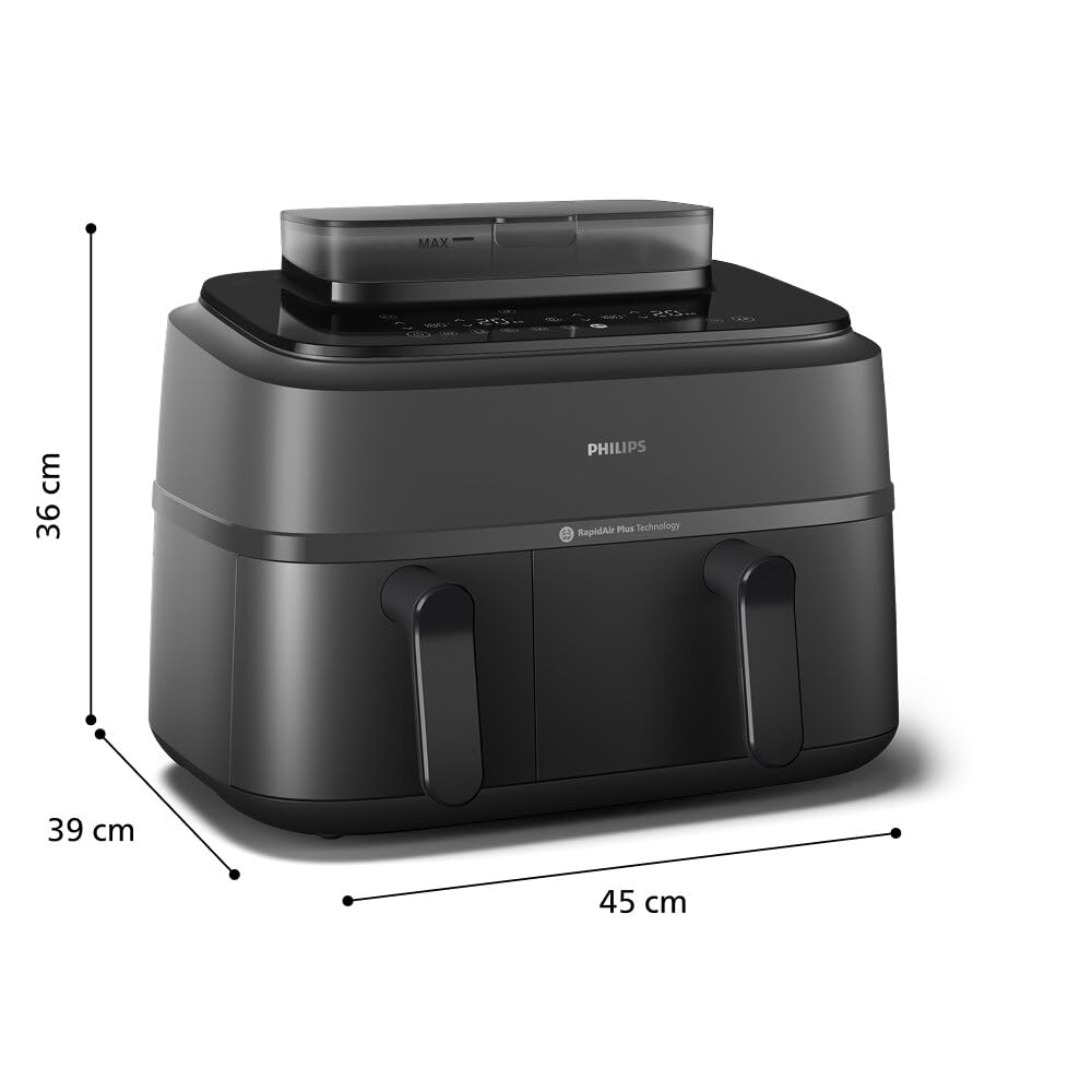 Philips dark grey dual basket airfryer showing dimensions on a white background.