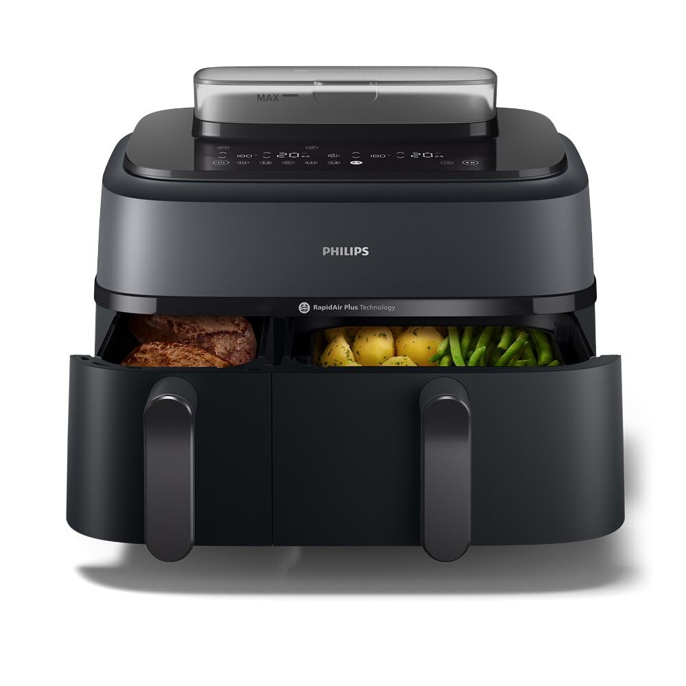 Philips Airfryer Serie 5000 Dual Basket negro con cestas mostrando carne, patatas y verduras.