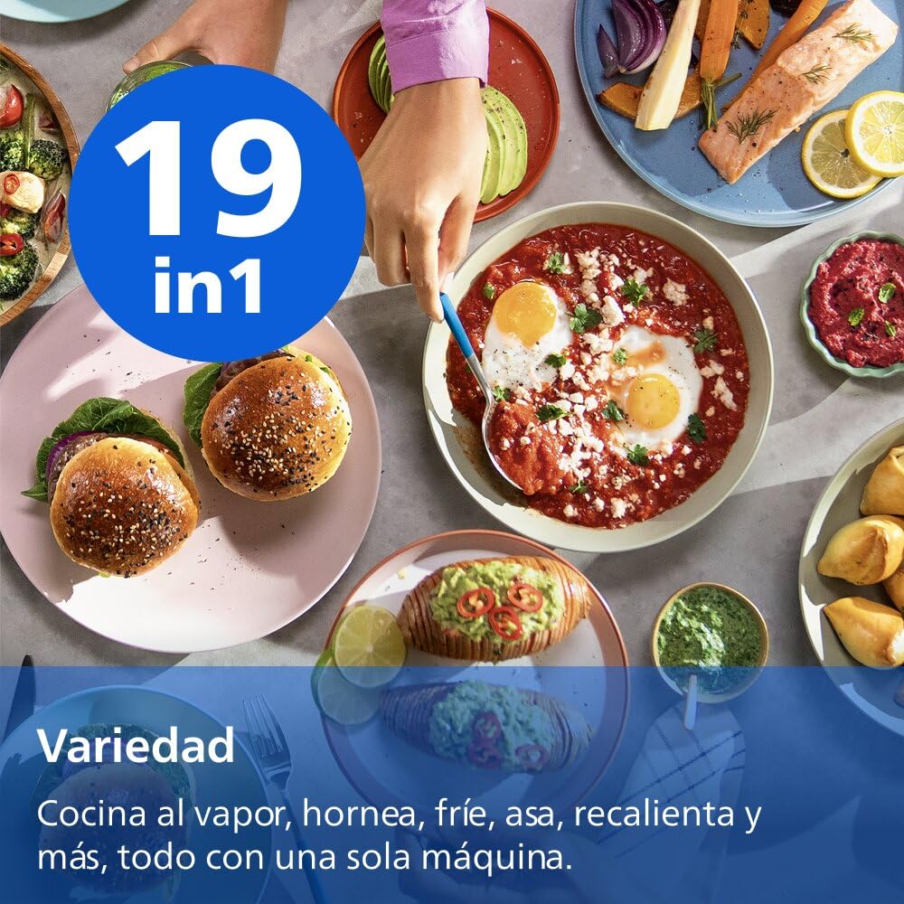 Variedad de platos cocinados con la Philips Airfryer Serie 5000: hamburguesas, huevos, salmón y más