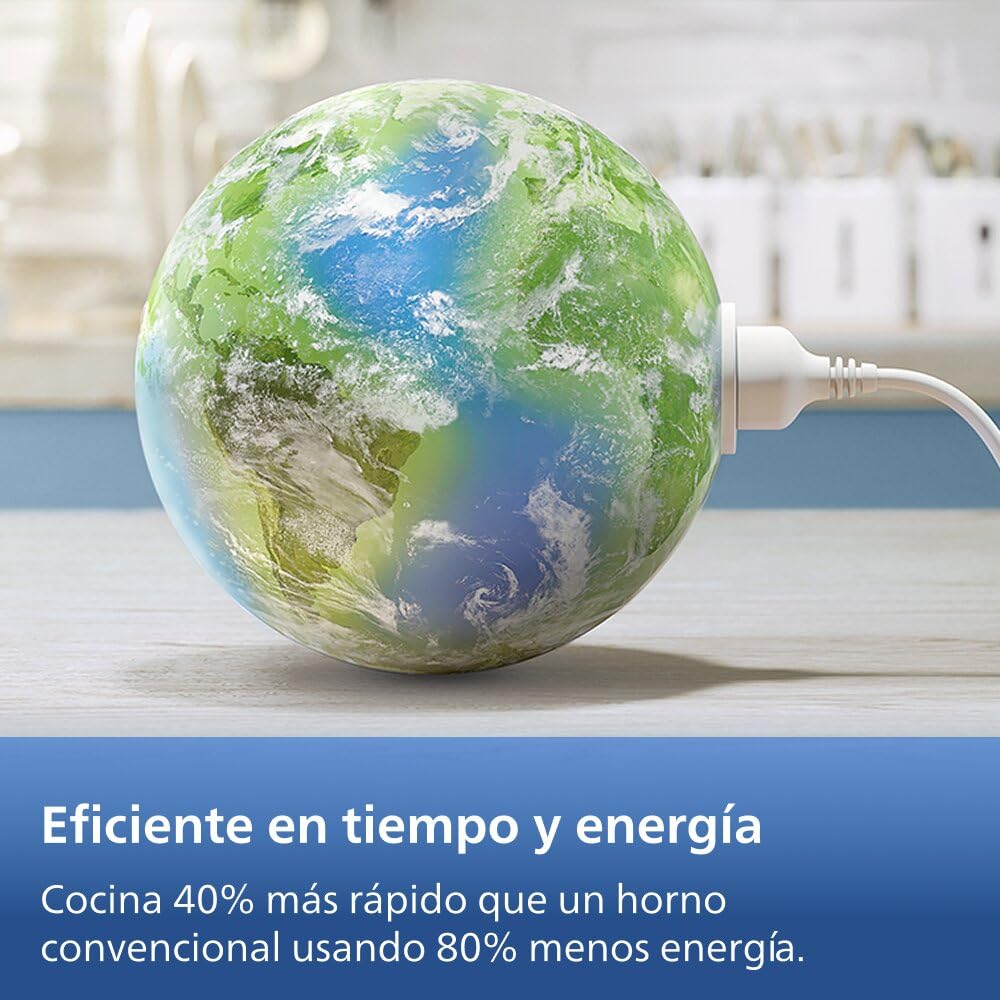 Globo terráqueo con enchufe enchufado, ilustrando el ahorro energético de la Airfryer Philips Serie 5000.