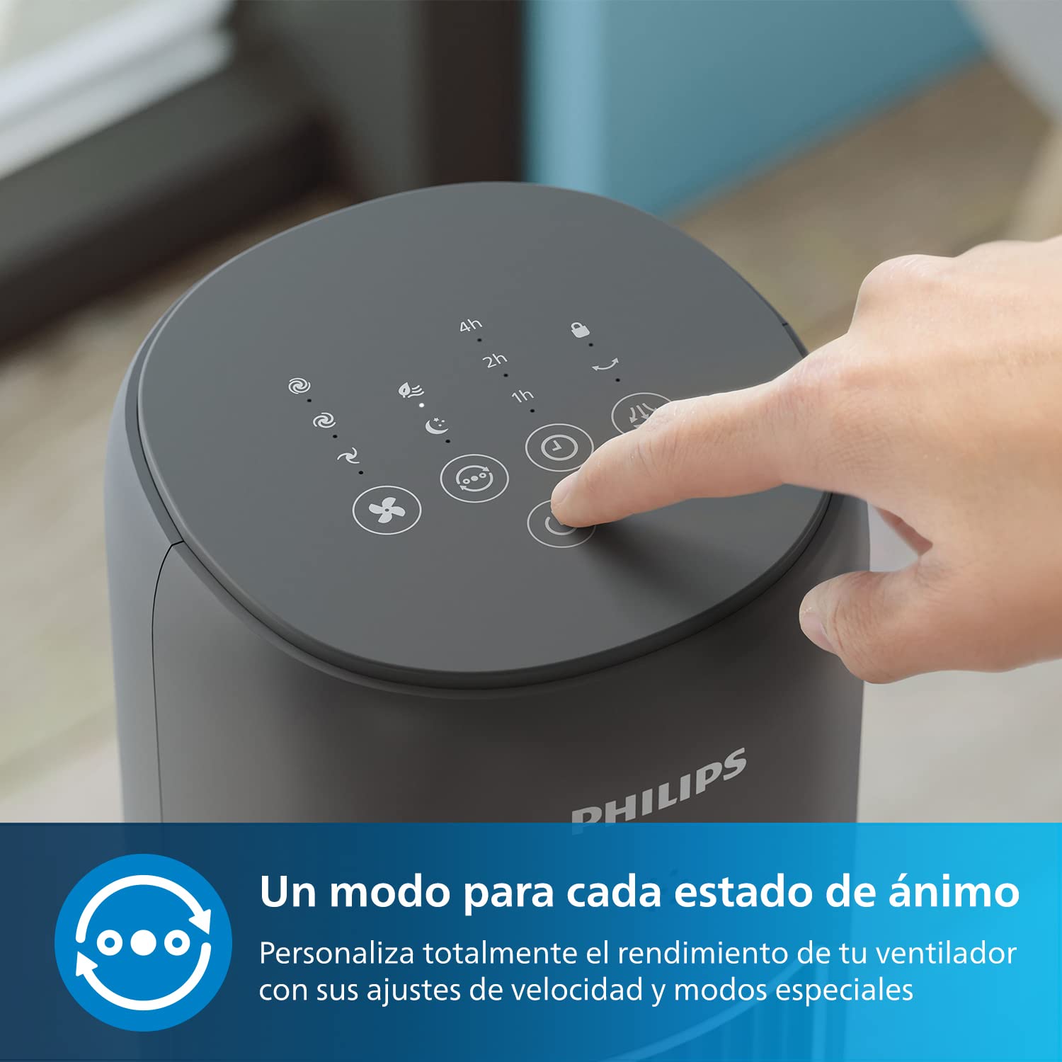 Panel de control táctil del ventilador de torre Philips Serie 5000 con modos de velocidad, temporizador y aromaterapia