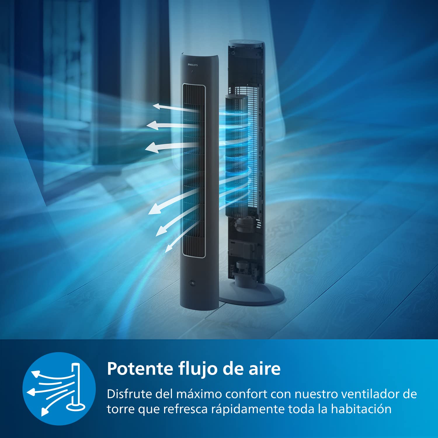 Ventilador de torre Philips Serie 5000 negro con vista explosionada mostrando potente flujo de aire