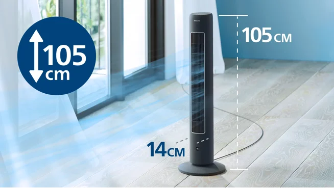 Ventilador de torre vertical negro de 105cm de alto y base de 14cm en salón moderno