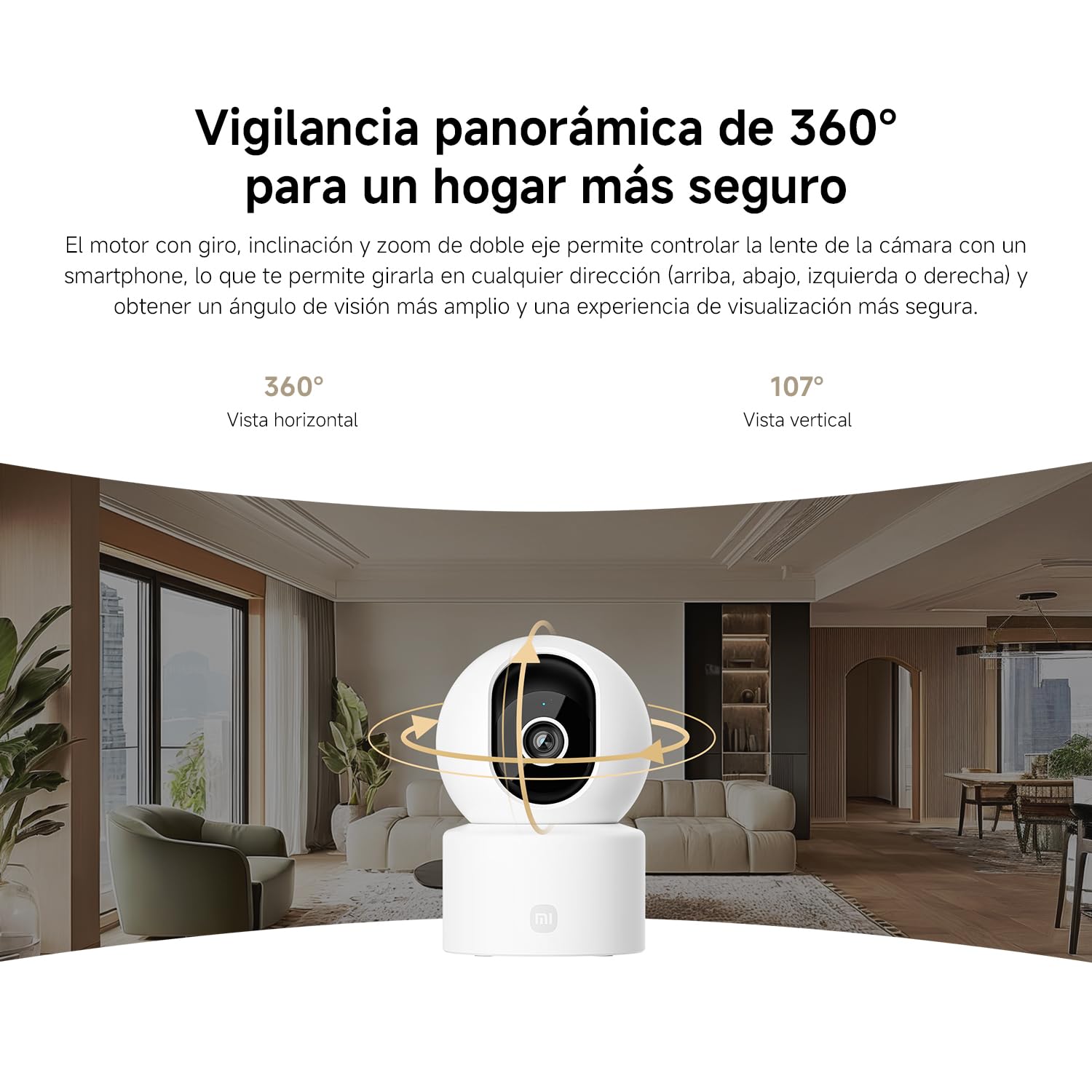 Cámara vigilancia Xiaomi C302 con giro 360° en sala moderna