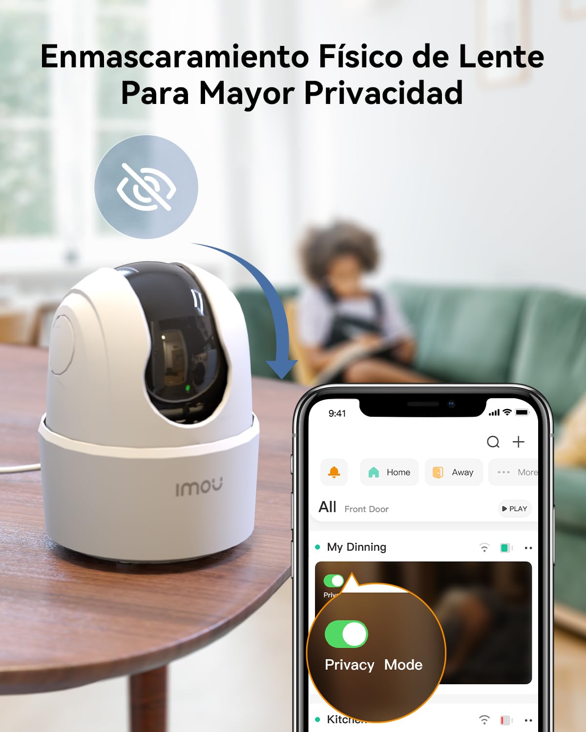 Cámara Imou con enmascaramiento físico y modo privacidad en app móvil