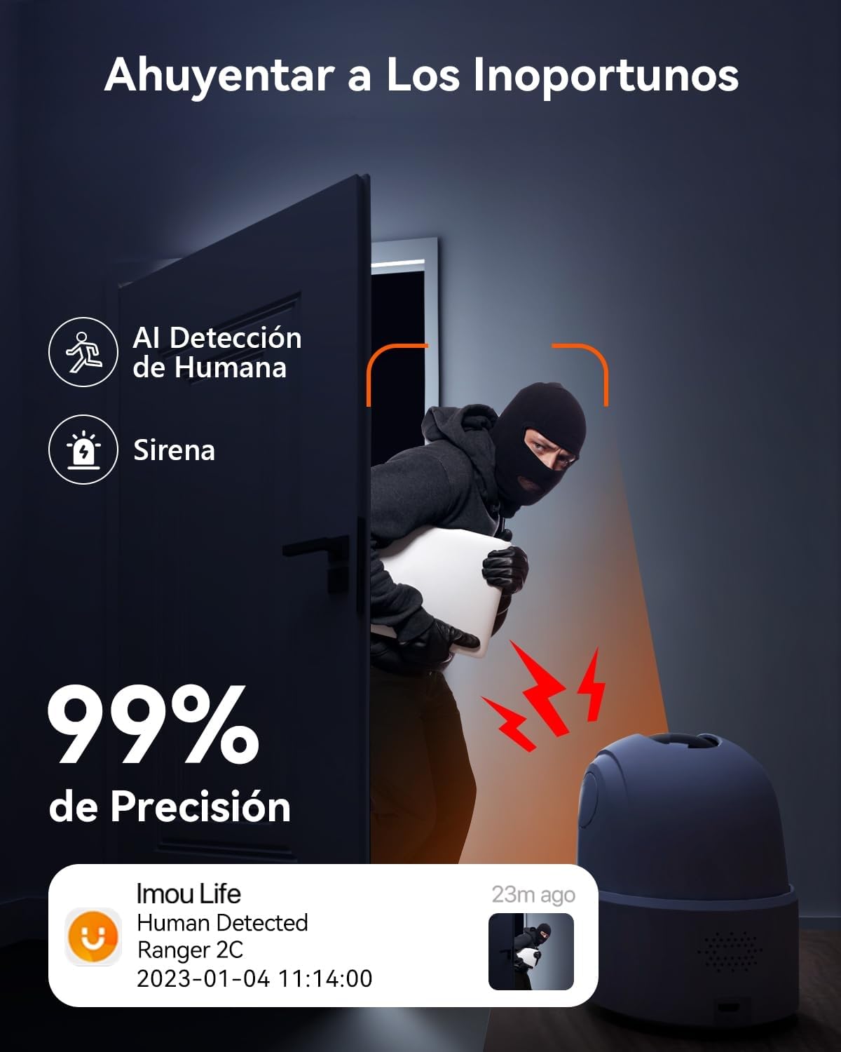 Imagen de cámara Imou detectando intruso con alarma activada