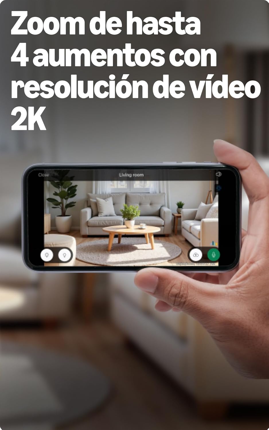 Mano con móvil mostrando video 2K con zoom 4x de cámara Mini Blink