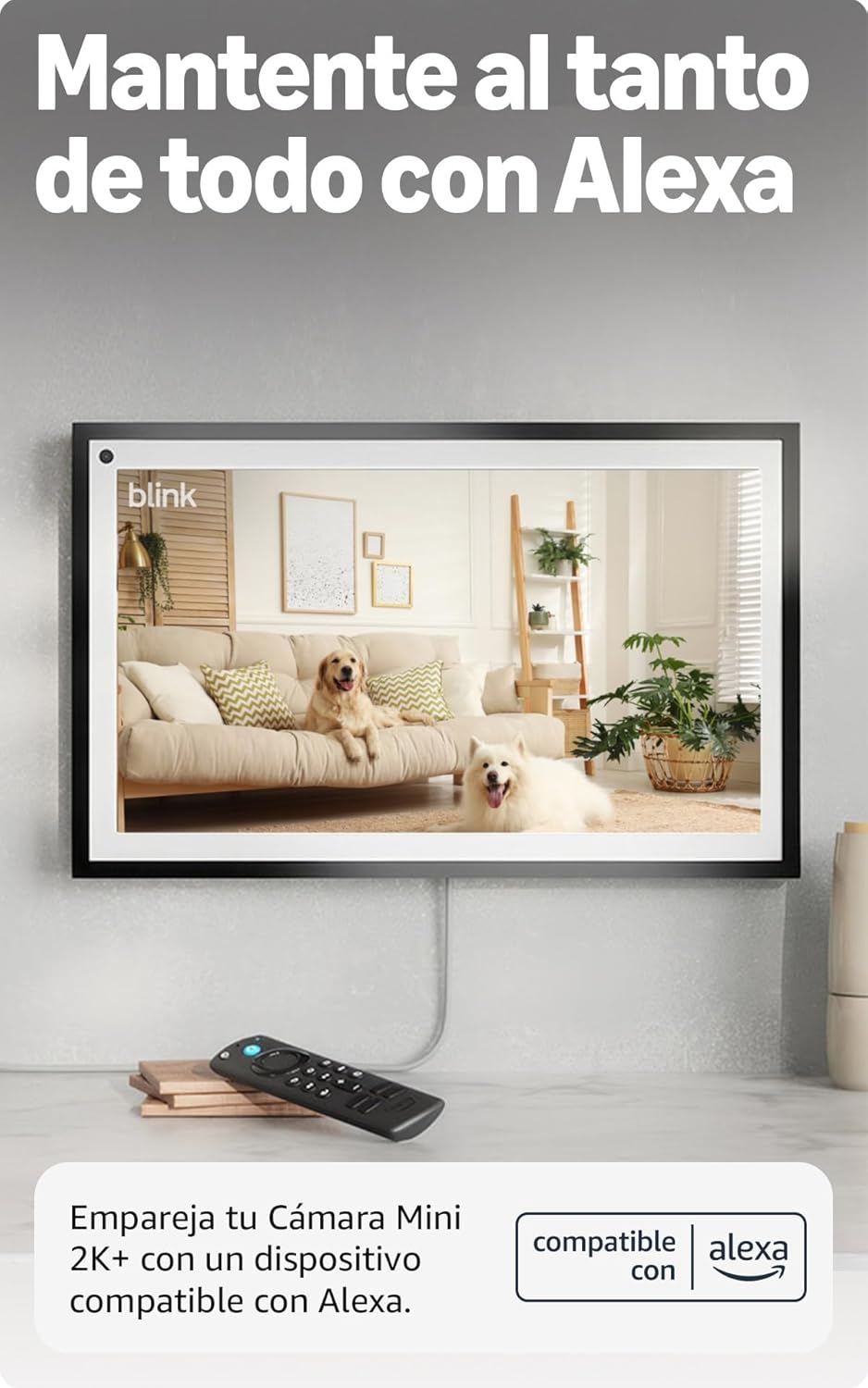 Monitor de cámara Mini 2K+ mostrando sala con perros, compatible Alexa.