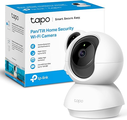 Cámara seguridad Wi-Fi Tapo, blanca, giratoria, alta definición, detección movimiento, visión nocturna.