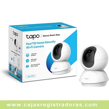 Cámara de seguridad Wi-Fi Tapo, blanca, con base giratoria y caja original.