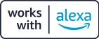 Logo de compatibilidad de Alexa con texto 'works with' y logo sonriendo
