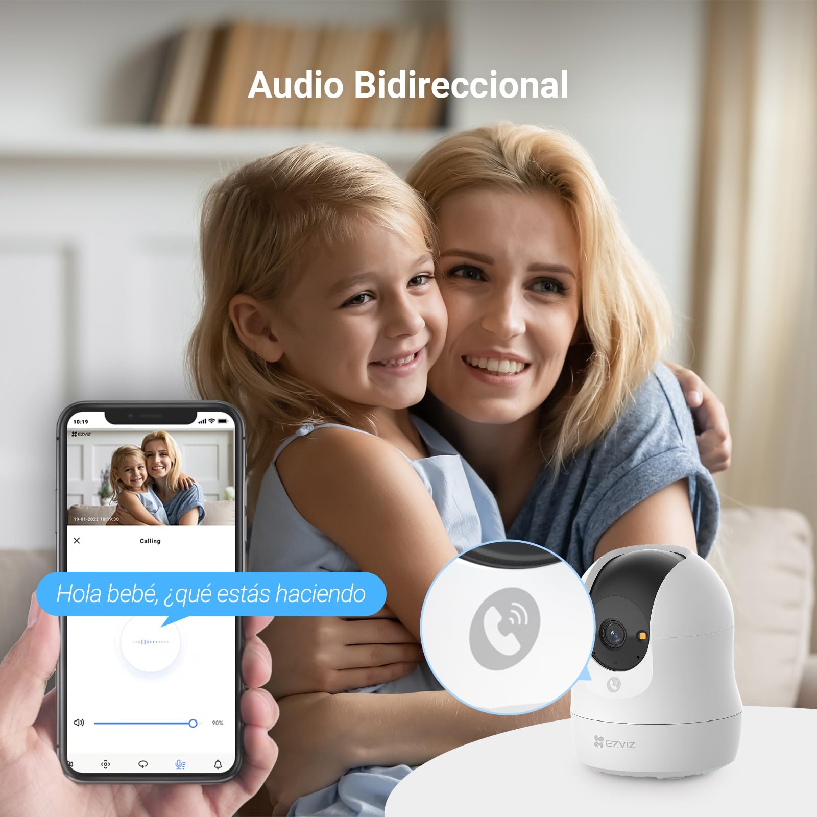 Madre e hija con cámara EZVIZ y llamada de audio bidireccional