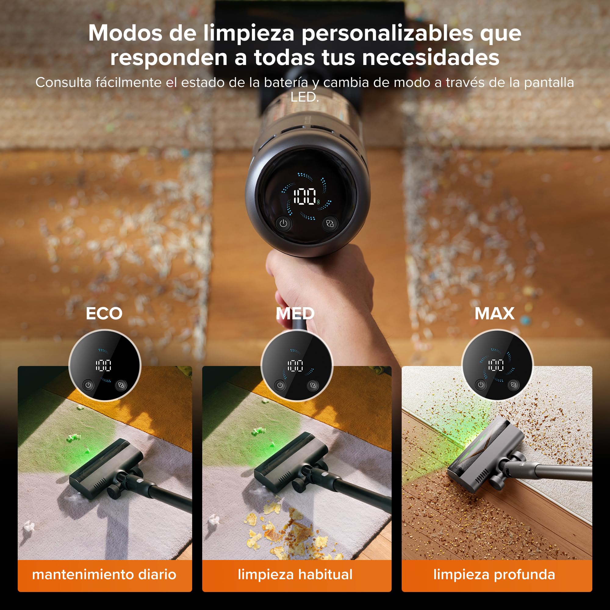 Aspiradora Roborock H60 con modos de limpieza personalizados y pantalla LED