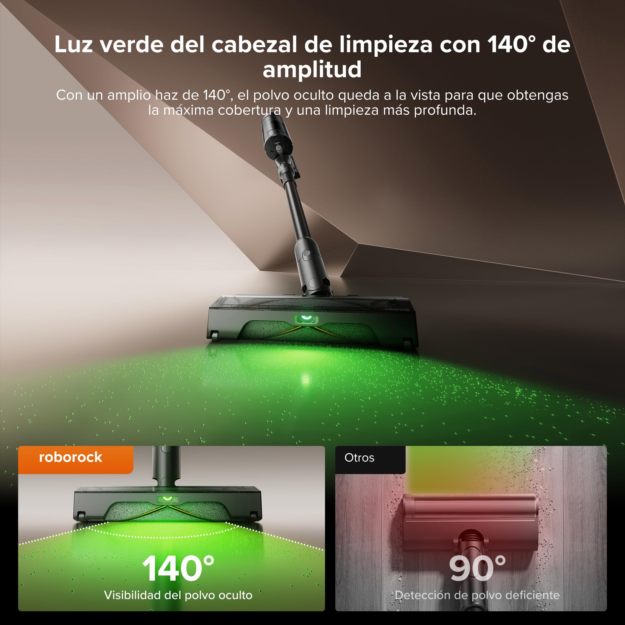 Cabezal roborock H60 con luz LED verde de limpieza 140 grados