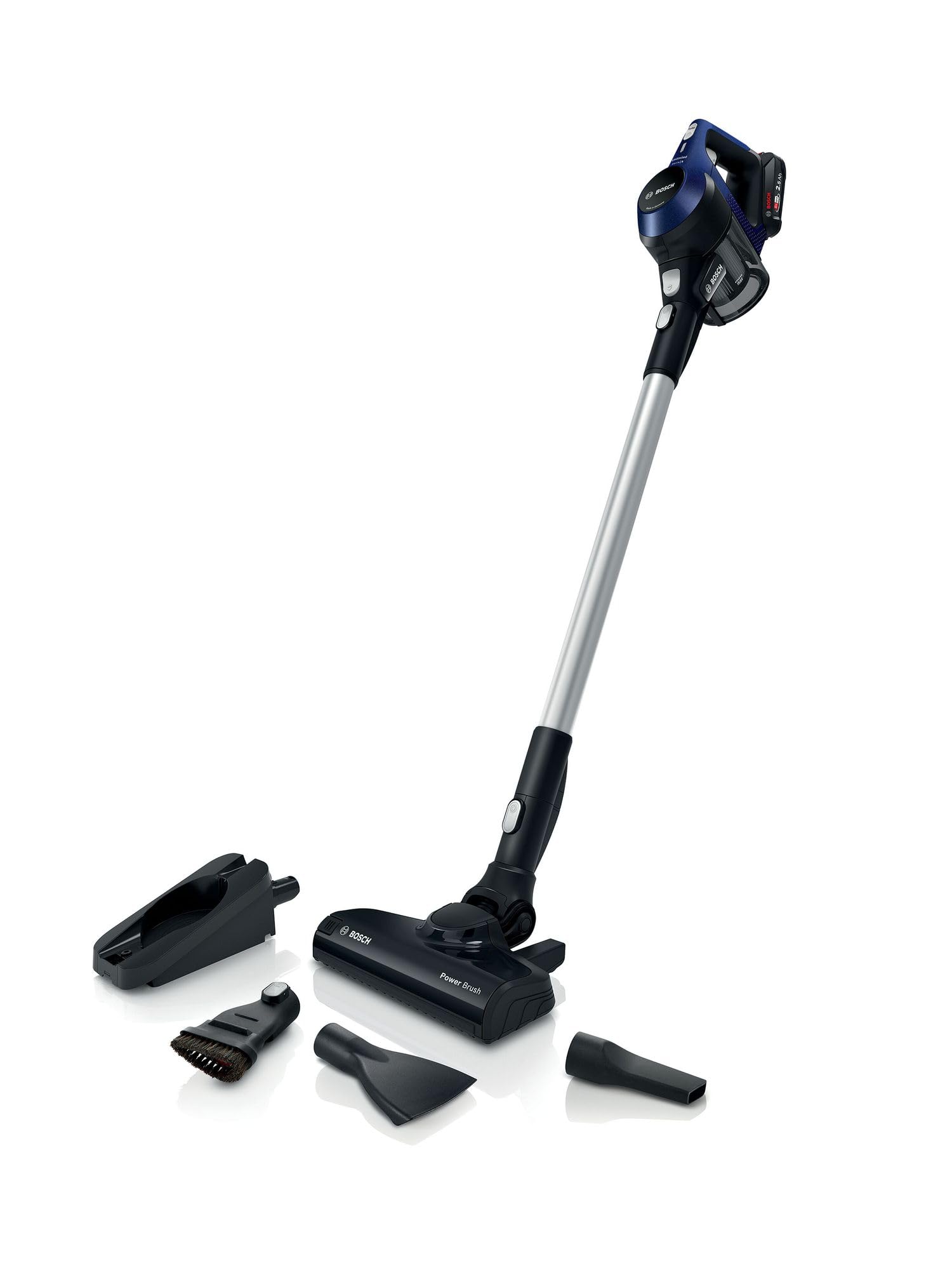 Aspiradora Bosch Unlimited Serie 6 con accesorios y boquillas en fondo blanco