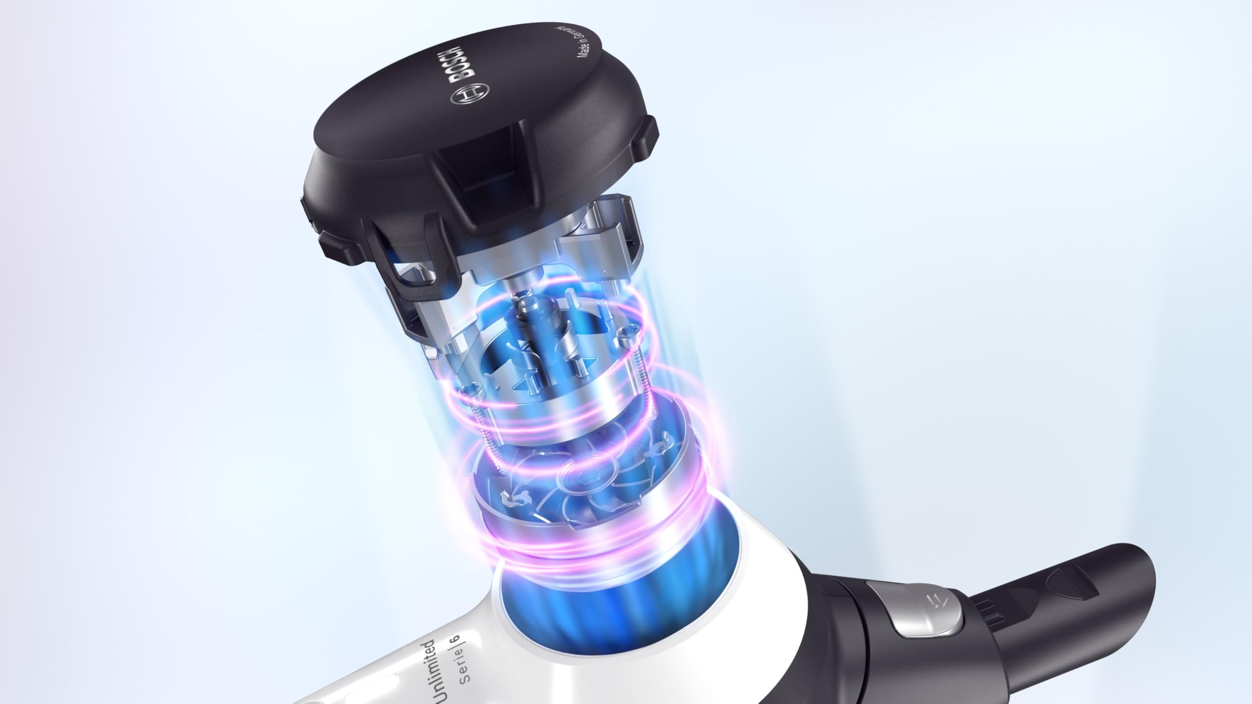 Detalle motor aspiradora Bosch Unlimited Serie 6 con efectos luminosos