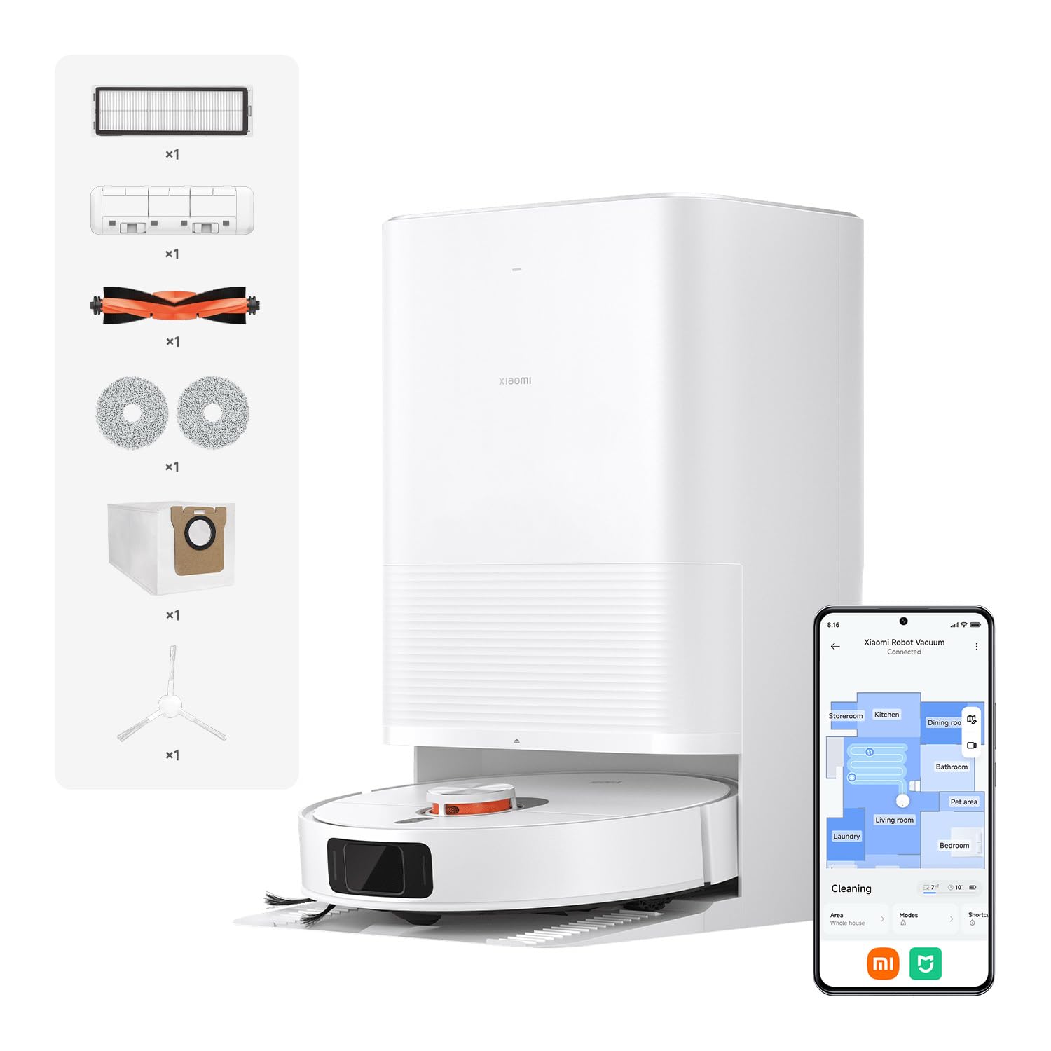 Robot aspirador Xiaomi X20 Pro con estación y app móvil en fondo blanco