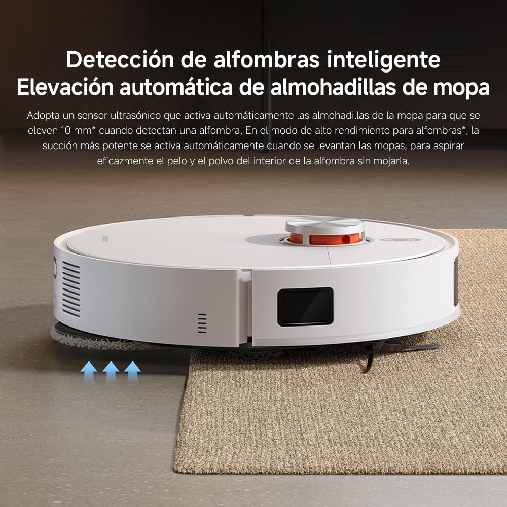 Robot aspirador blanco con función de mopa en una alfombra