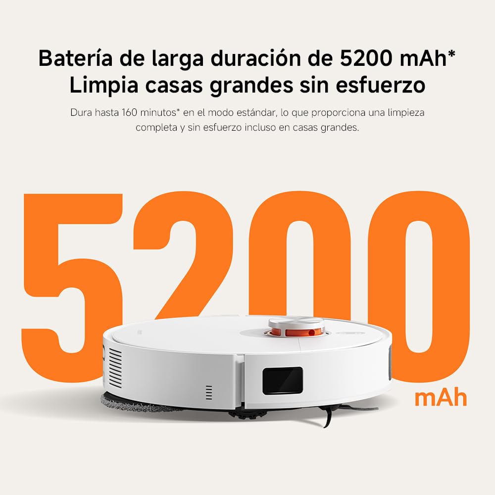 Robot aspirador blanco con batería de 5200 mAh para limpieza eficiente