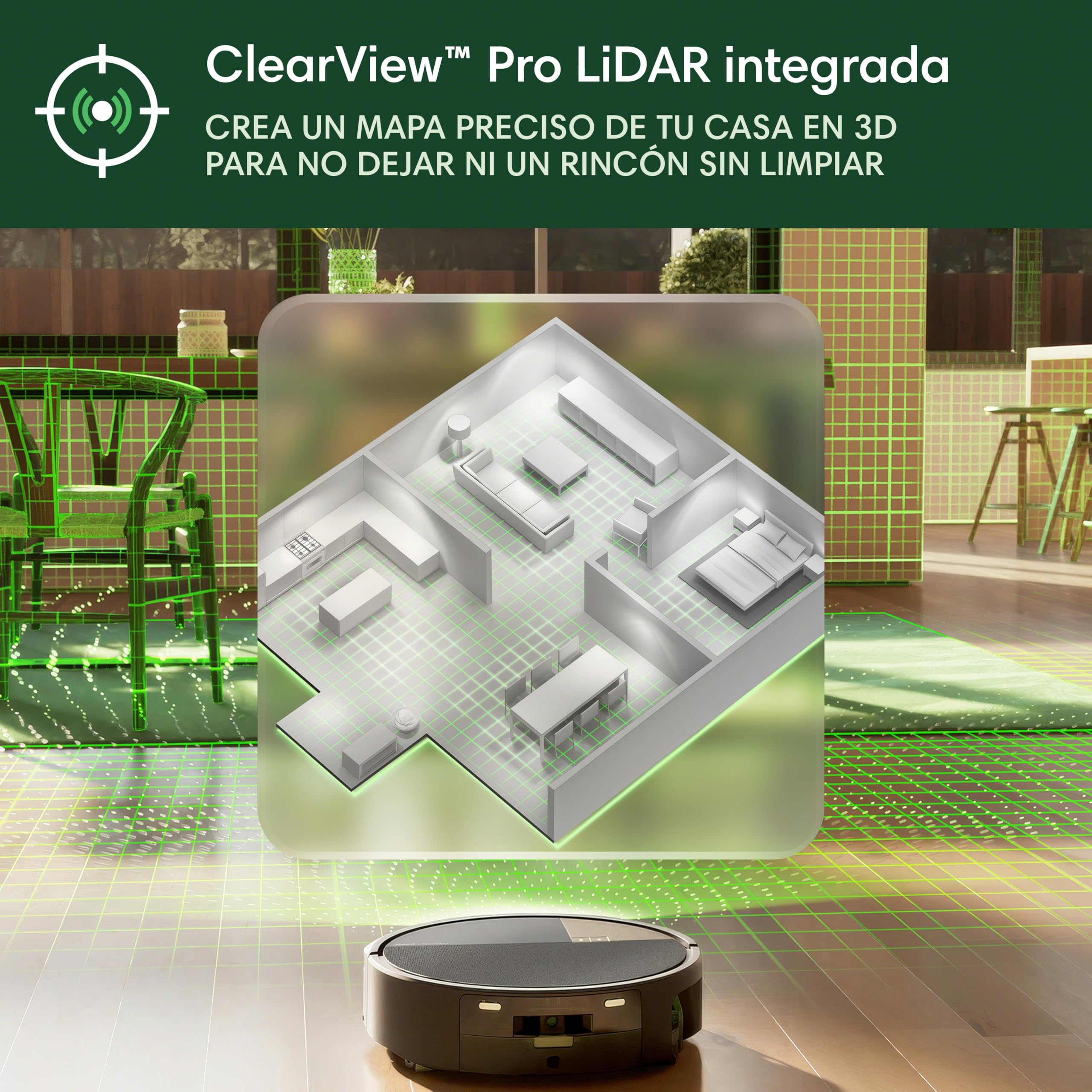 Robot aspirador con tecnología LiDAR creando mapa en 3D de una cocina