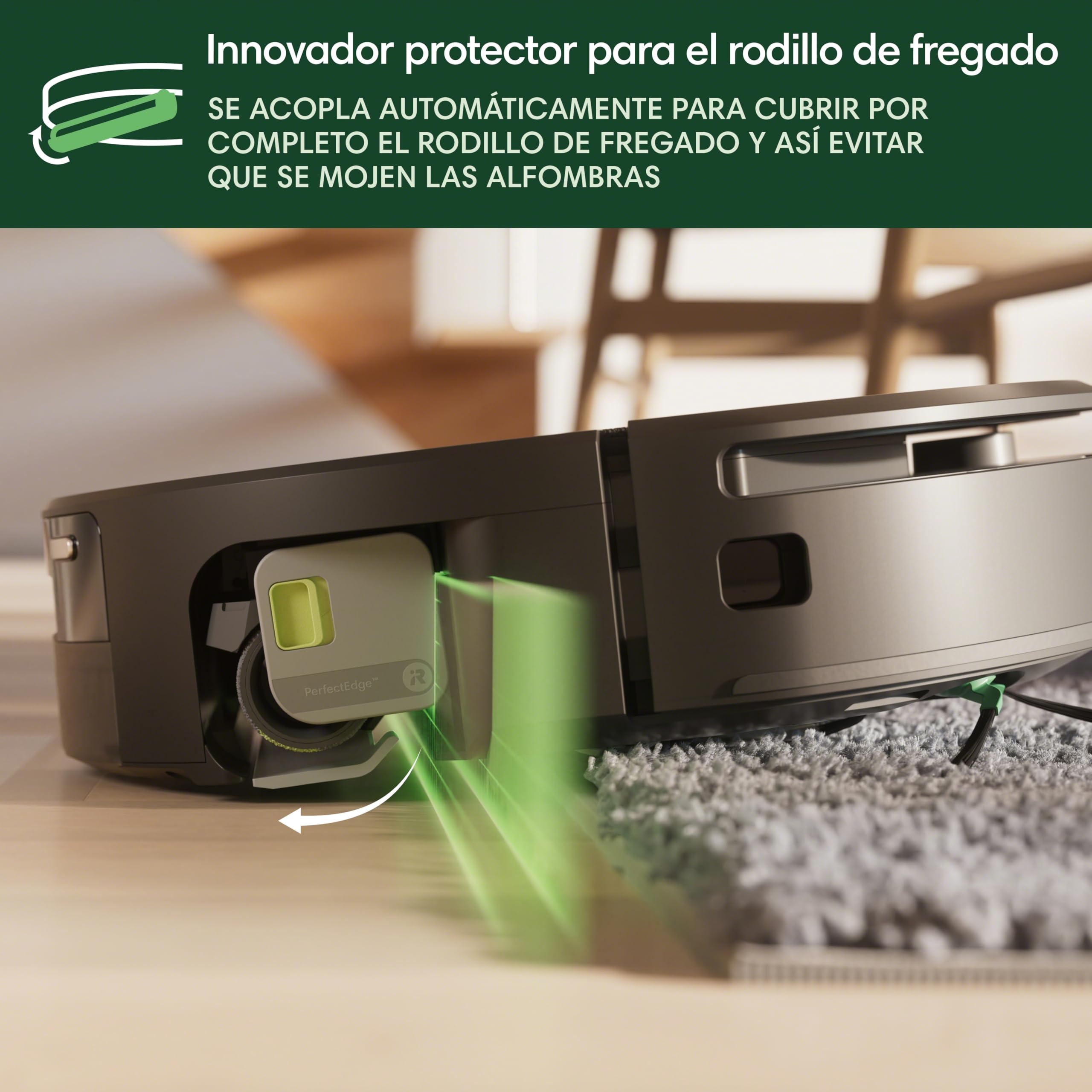 Robot aspirador con protector verde para rodillo de fregado en alfombra