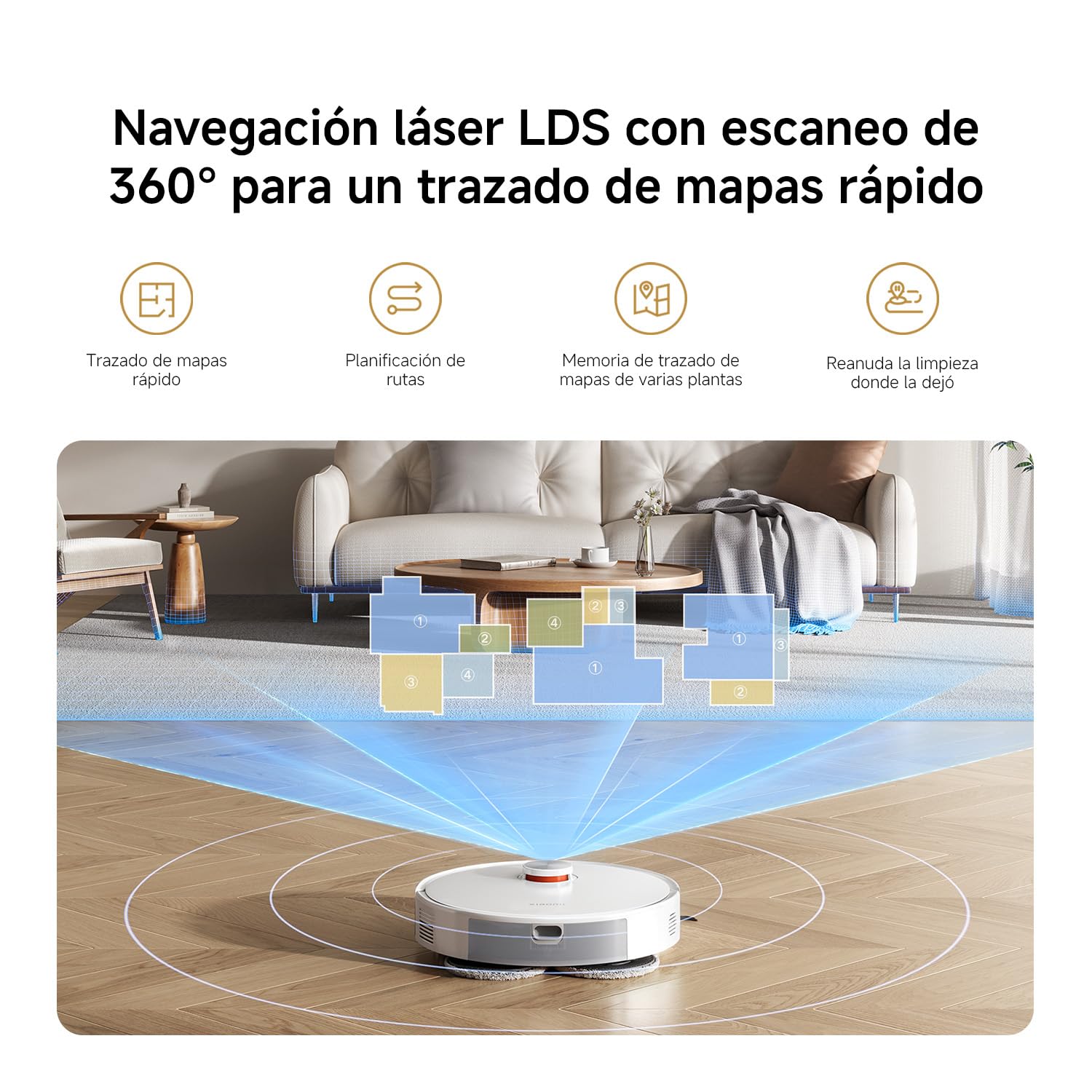 Robot aspirador con tecnología de mapeo láser en una sala de estar