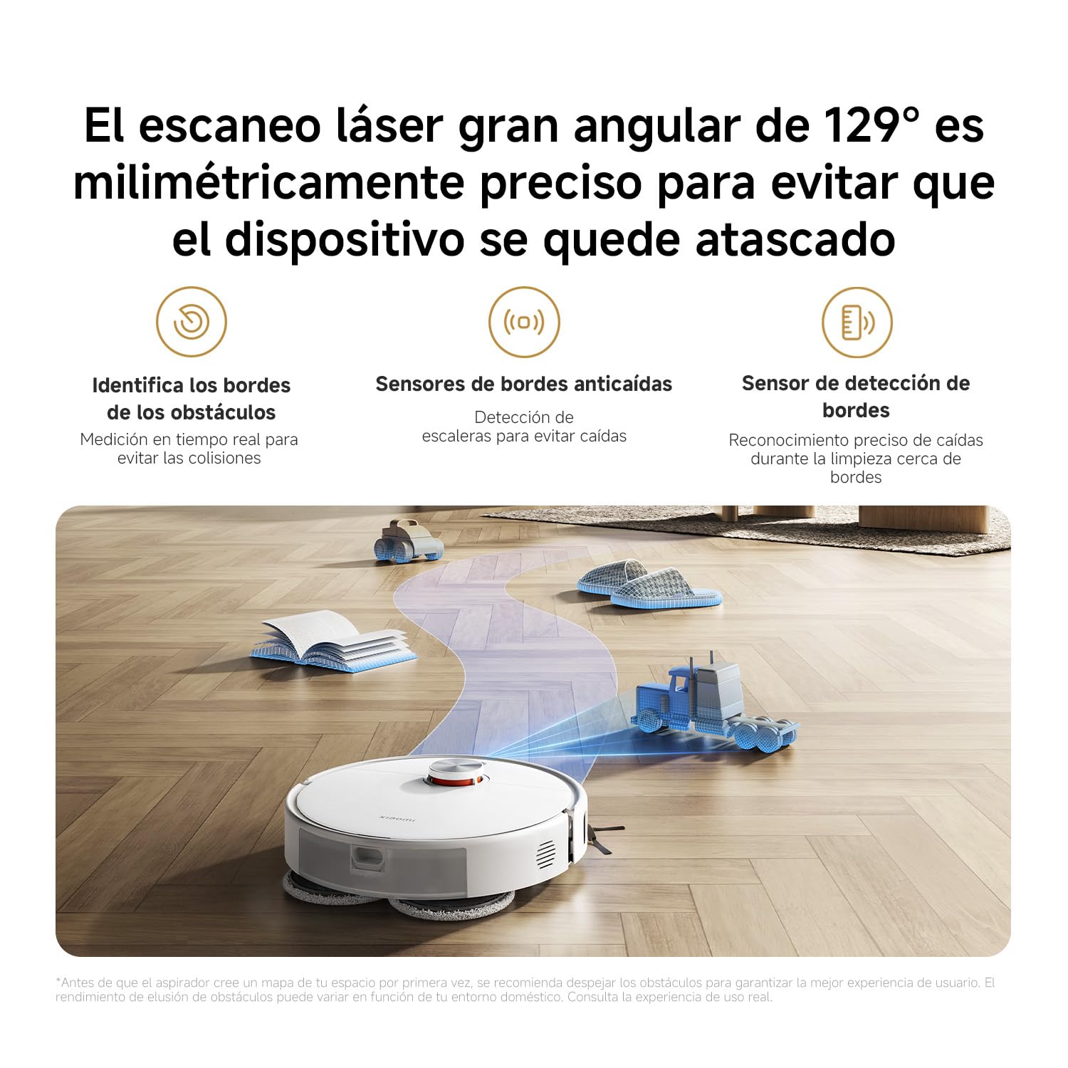 Robot aspirador blanco en suelo de madera evitando obstáculos