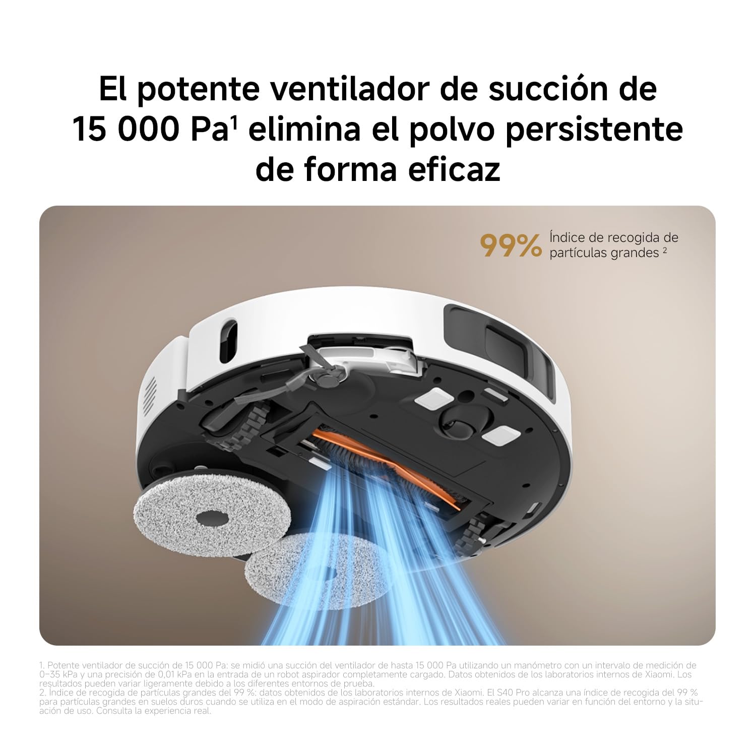Parte inferior del robot aspirador Xiaomi mostrando el ventilador de succión de 15.000 Pa y las almohadillas de mopa.