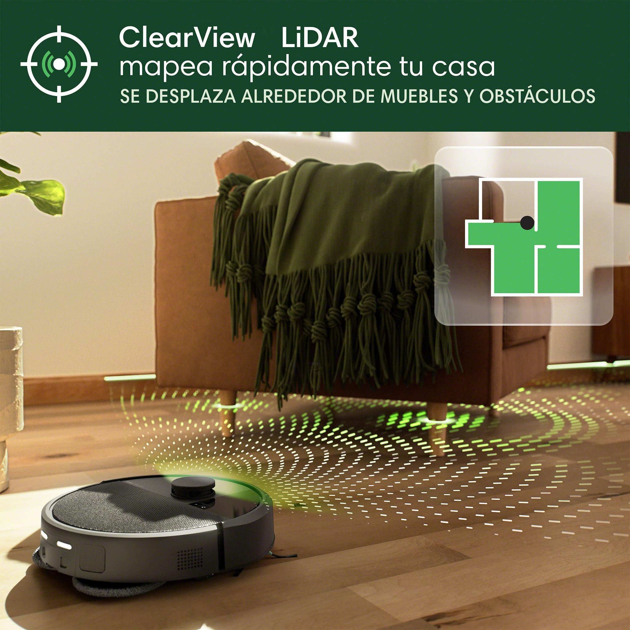 Roomba 405 utiliza LiDAR para mapear y navegar alrededor de los muebles