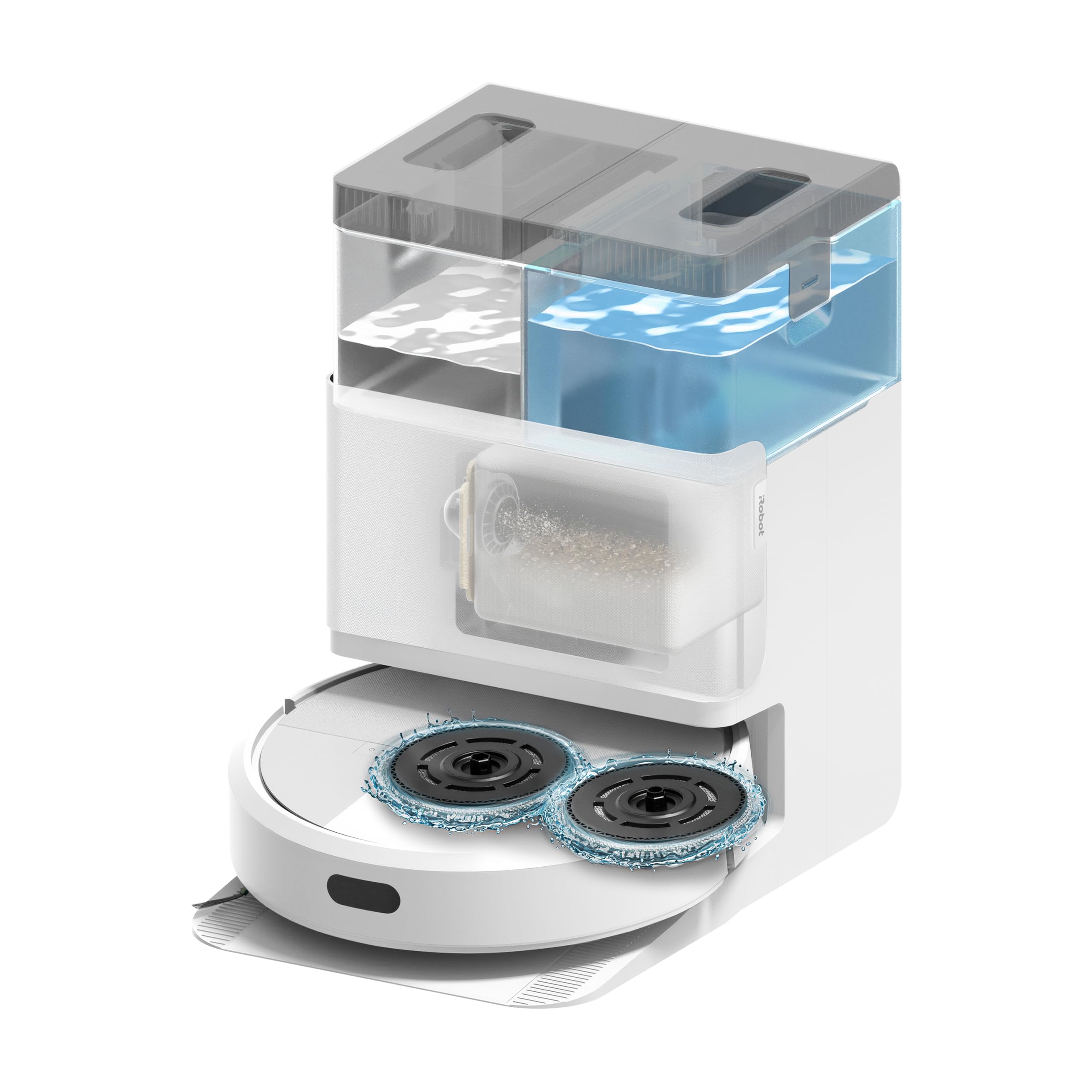 Roomba Plus 405 con base AutoWash mostrando mopas giratorias y depósito de agua