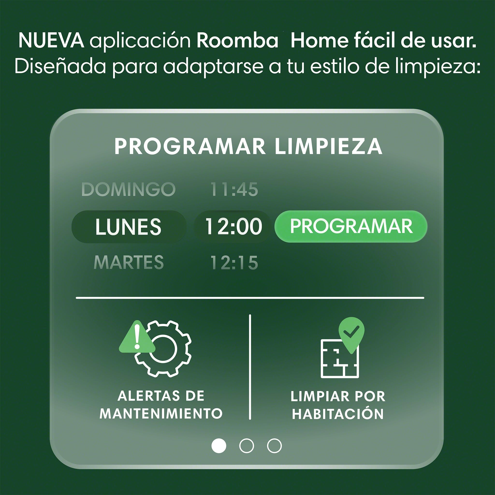 Pantalla del programador de la aplicación Roomba Home con botones verdes y horarios