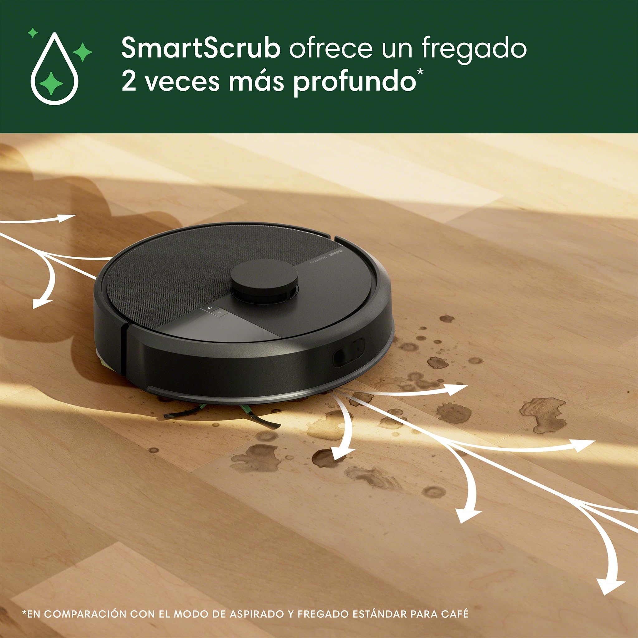 Roomba Plus 405 con SmartScrub limpia manchas de café en madera
