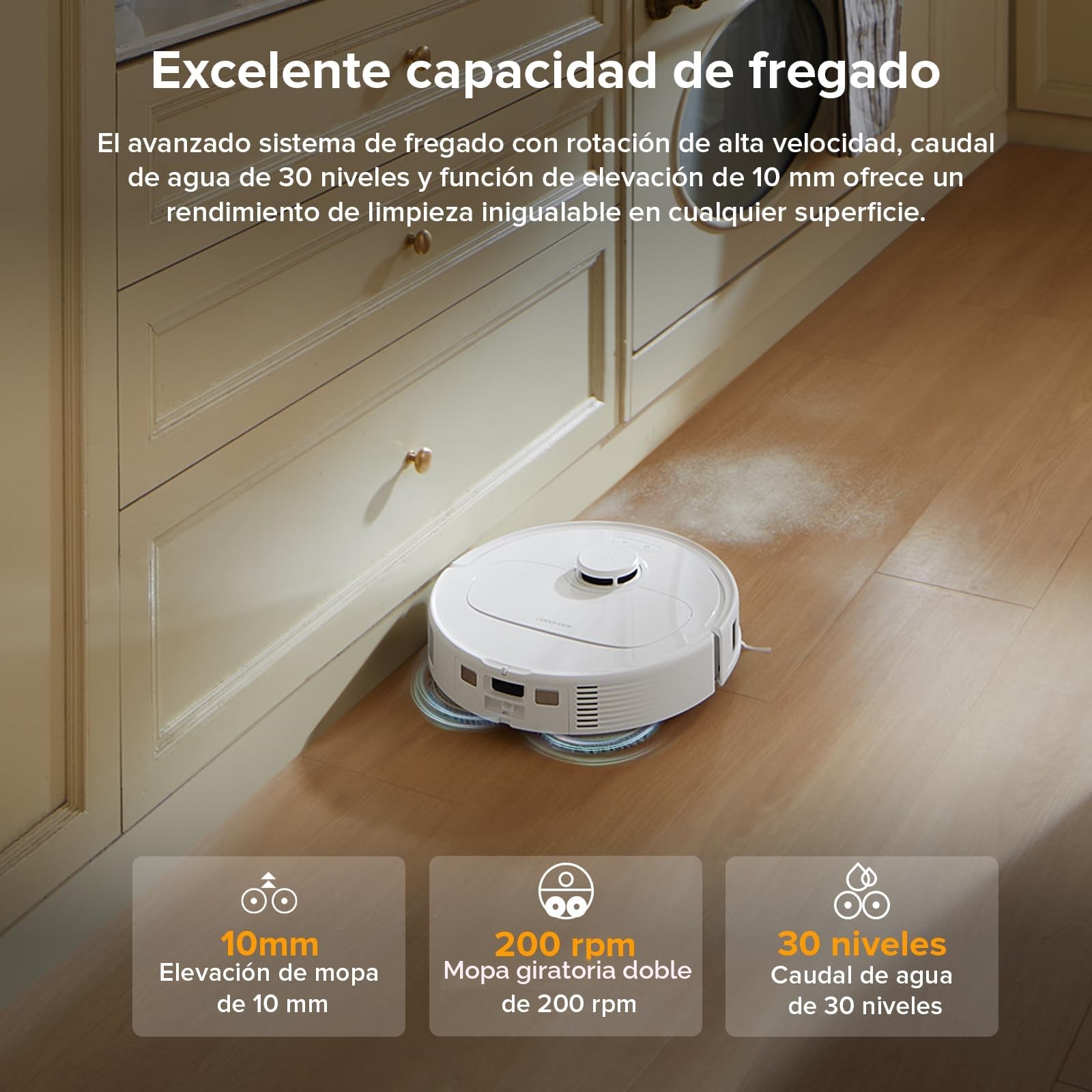 Robot aspirador roborock QV 35A fregando suelo de madera con doble mopa giratoria