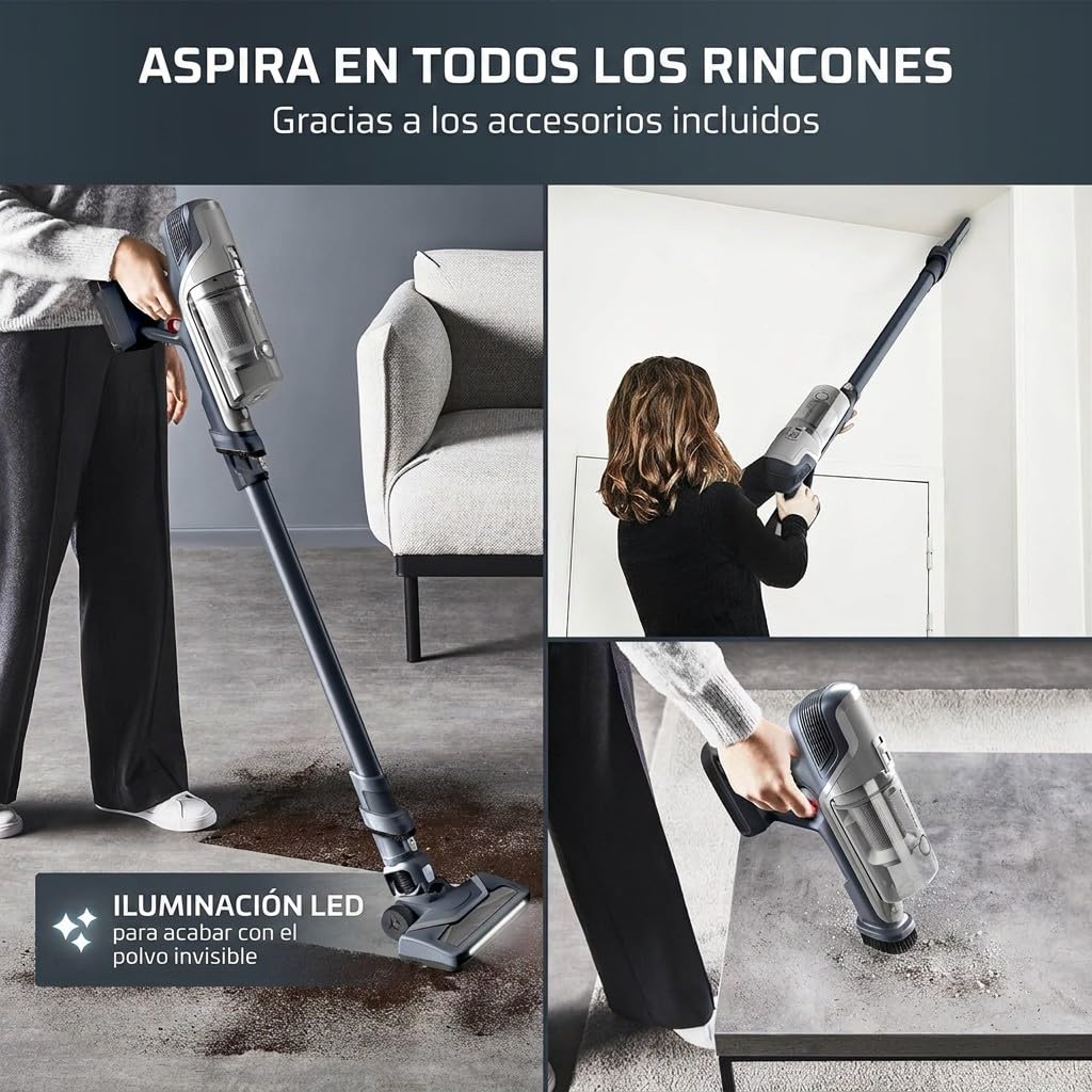 Aspiradora Rowenta sin cable limpiando diversas superficies con luz LED.