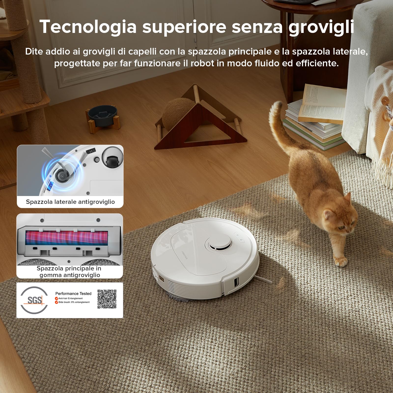Robot aspirador Roborock QV 35A con cepillos antienredos y gato en sala