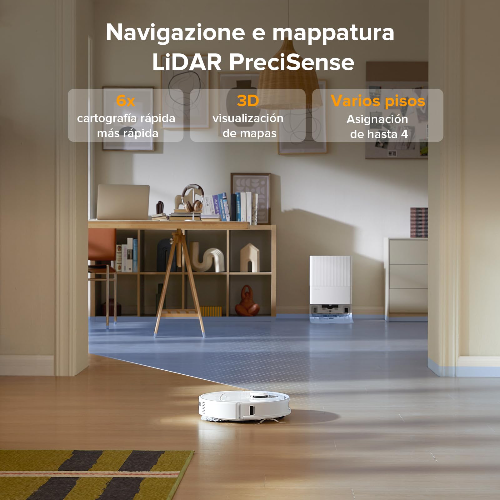 Robot aspirador roborock QV 35A con tecnología LiDAR y base de carga blanca