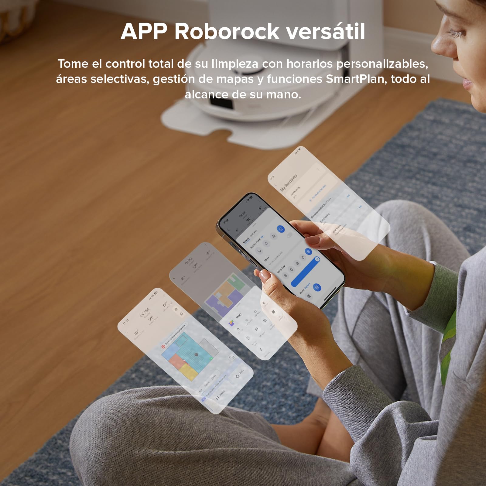 Persona usando APP Roborock para controlar robot aspirador