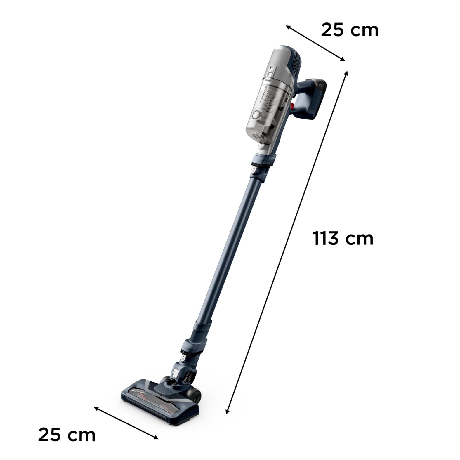 Aspiradora escoba Rowenta XPert 6.60 con medidas destacadas en fondo blanco.