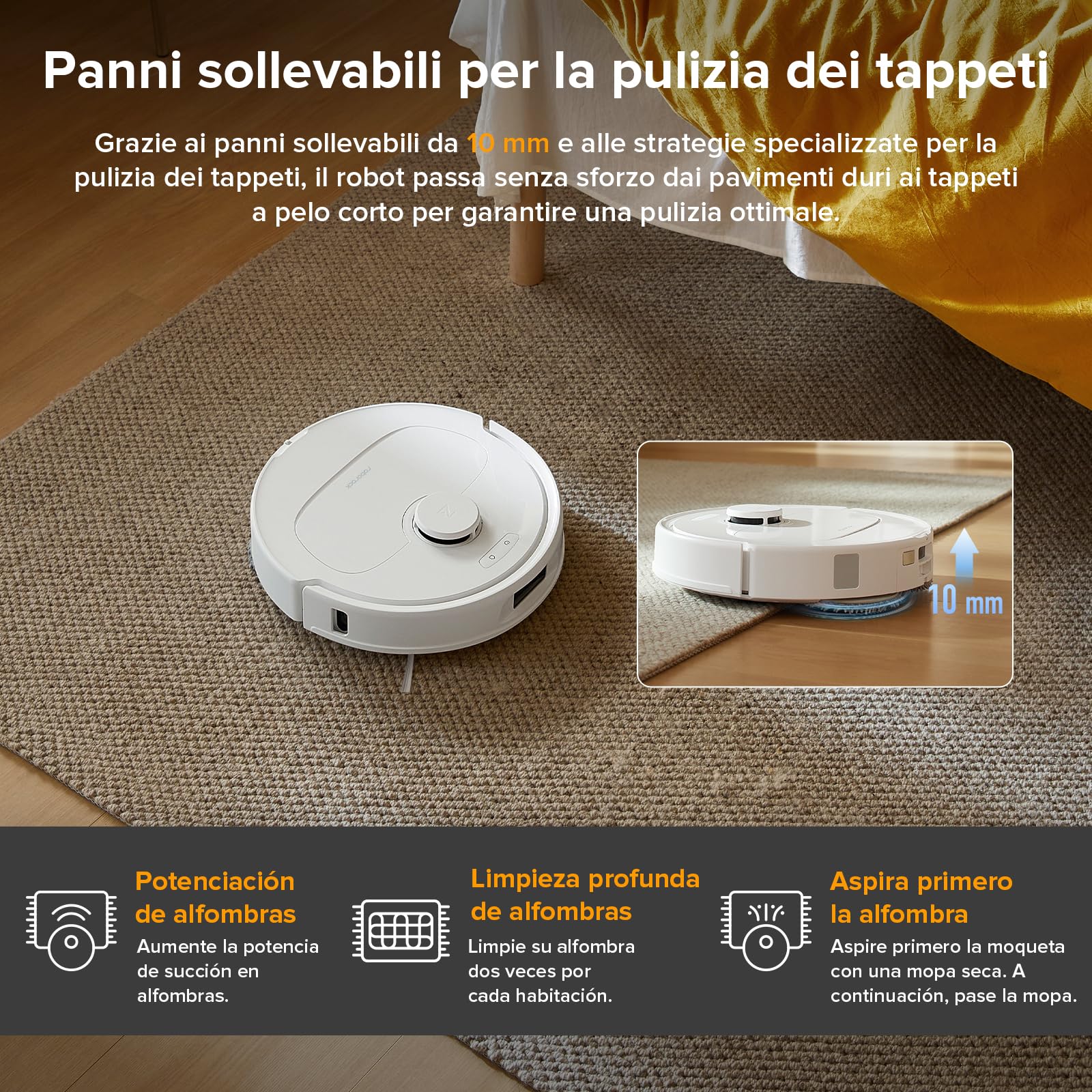 Robot aspirador Roborock QV 35A elevando mopas sobre alfombra marrón