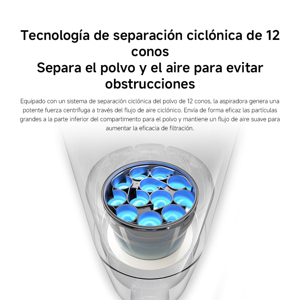 Detalle tecnológico de separación ciclónica de 12 conos en aspiradora Xiaomi.