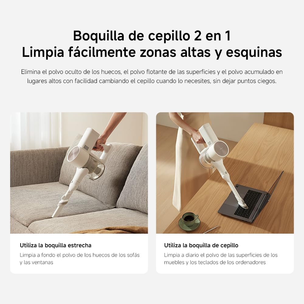 Aspiradora XIAOMI G20 limpiando sofá y teclado con boquillas específicas