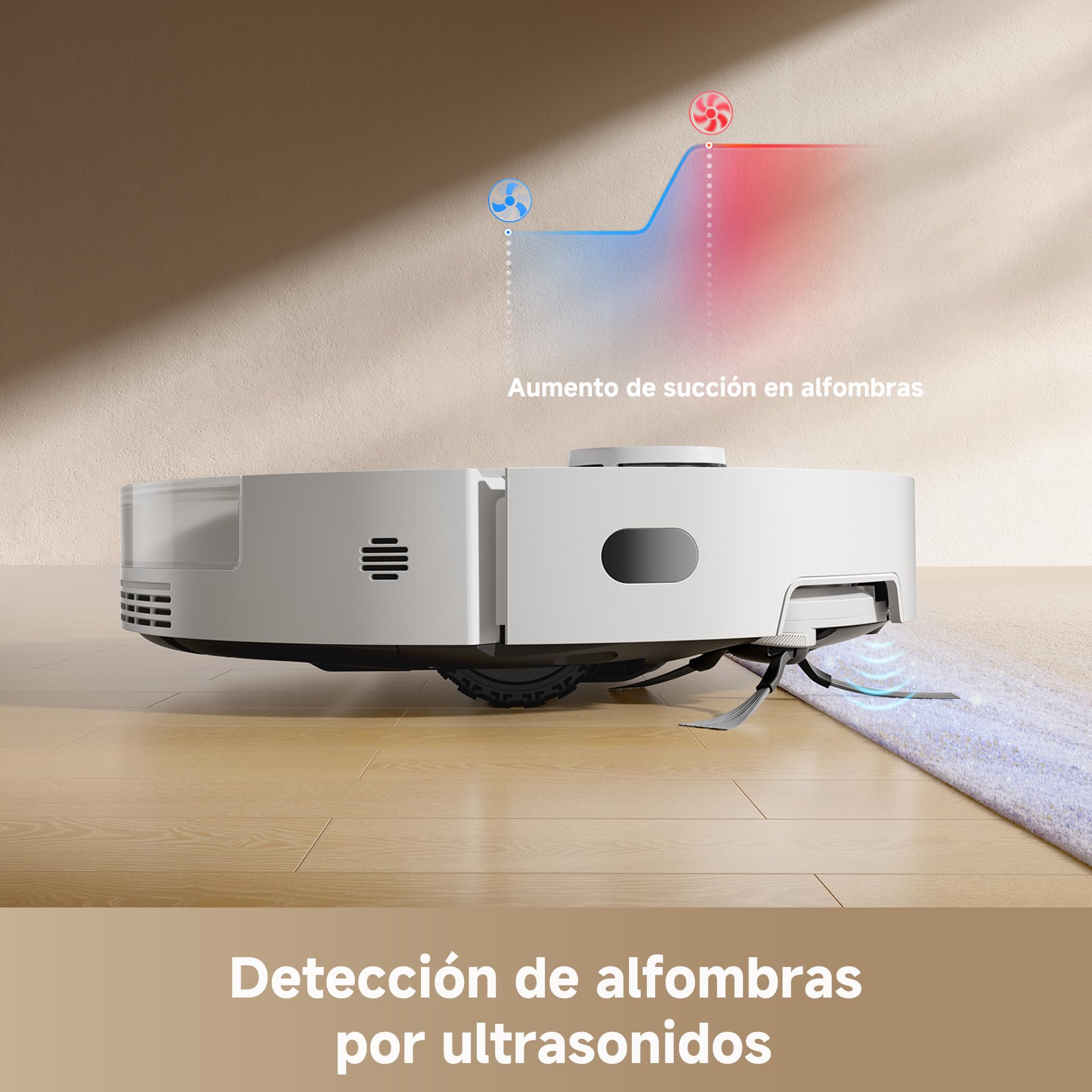 Robot aspirador DREAME D20 Pro Plus detectando alfombra con succión aumentada