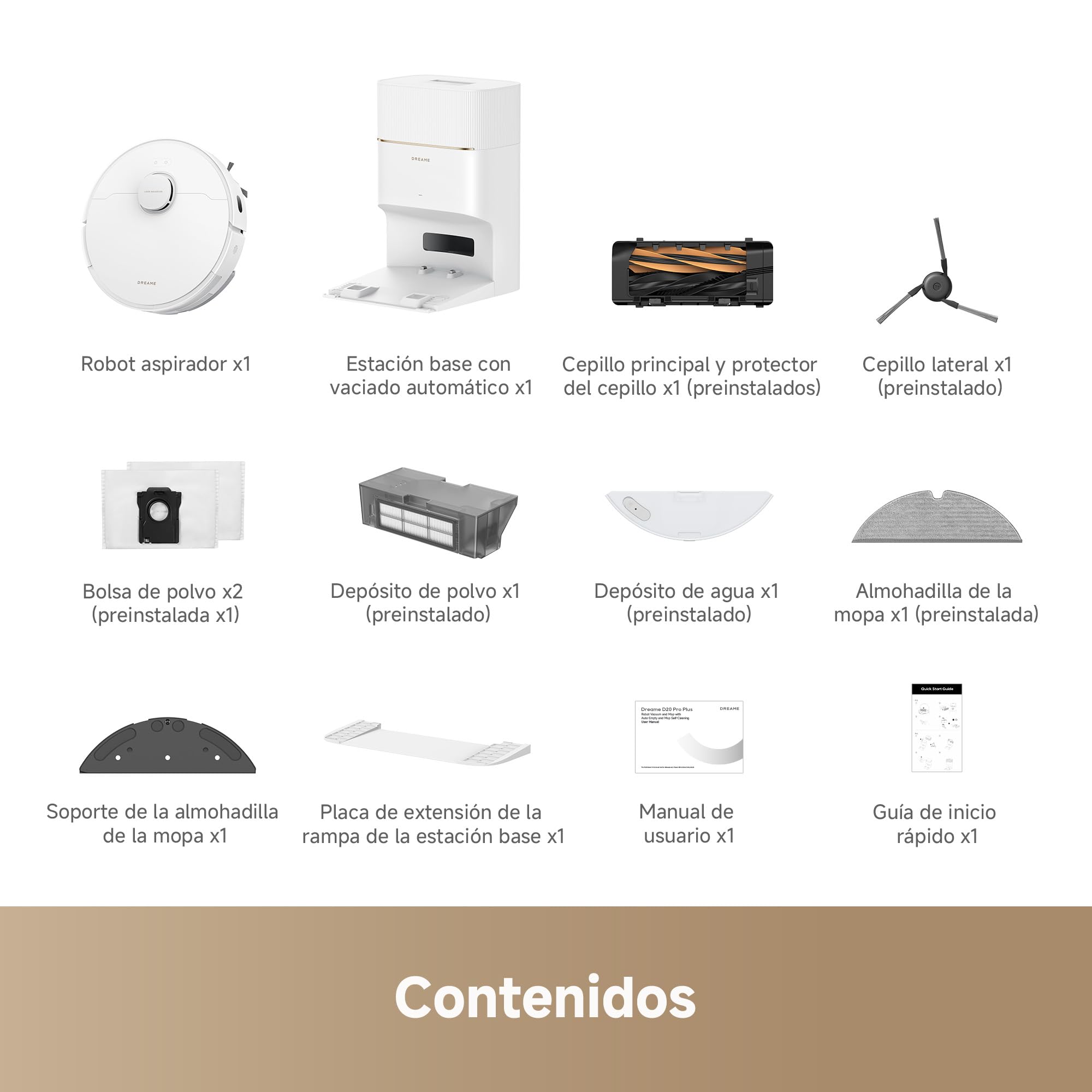 Componentes incluidos del robot aspirador DREAME D20 Pro Plus en fondo blanco