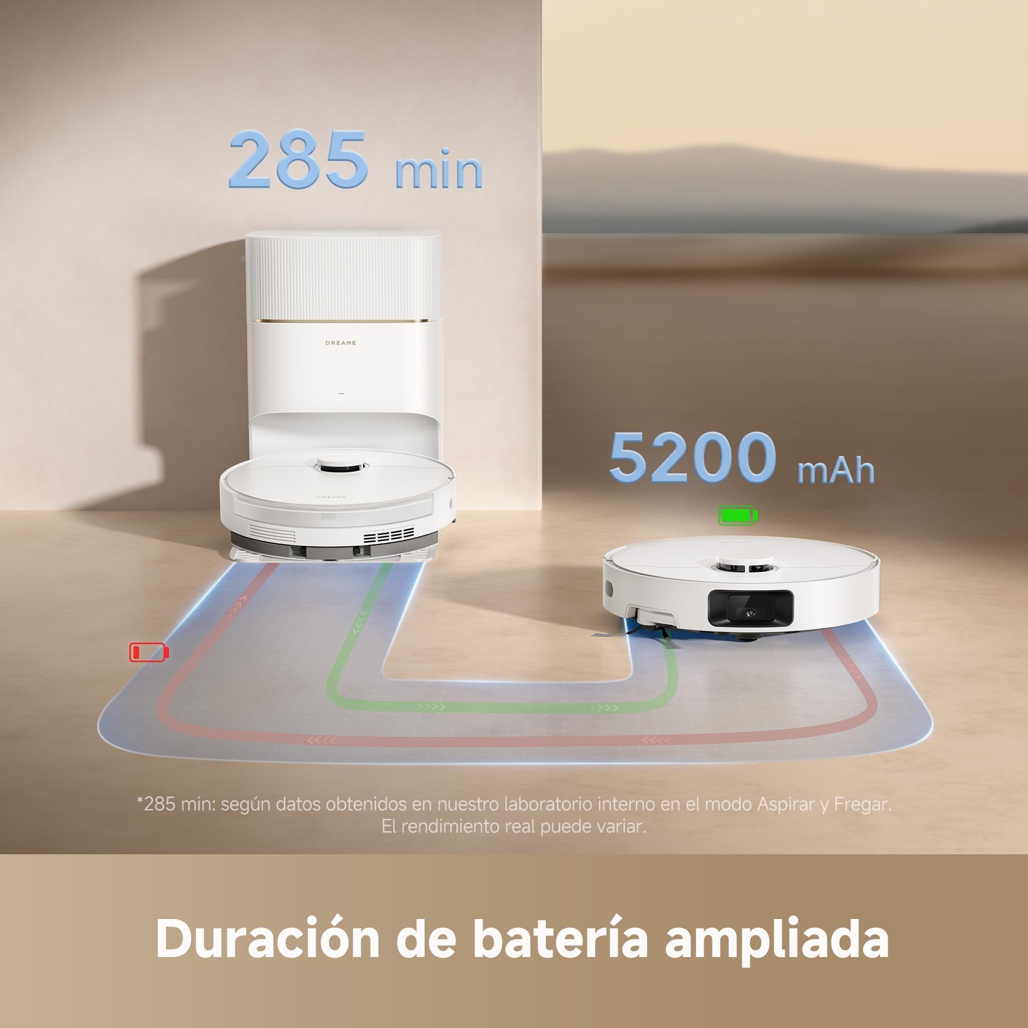 Robot aspirador Dreame D20 Pro Plus mostrando batería y duración extendida