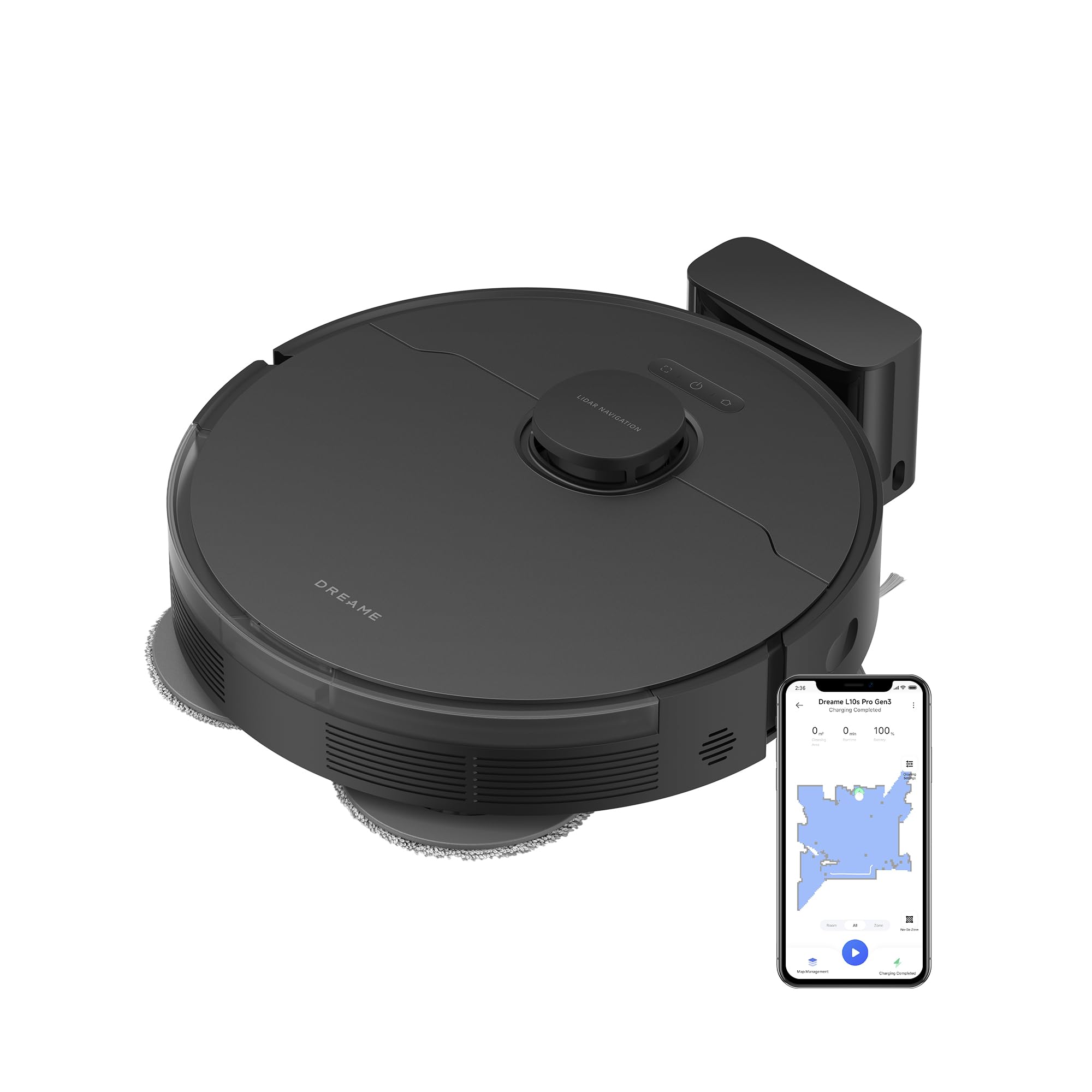 Robot aspirador Dreame D20 Pro Plus con base y app móvil.