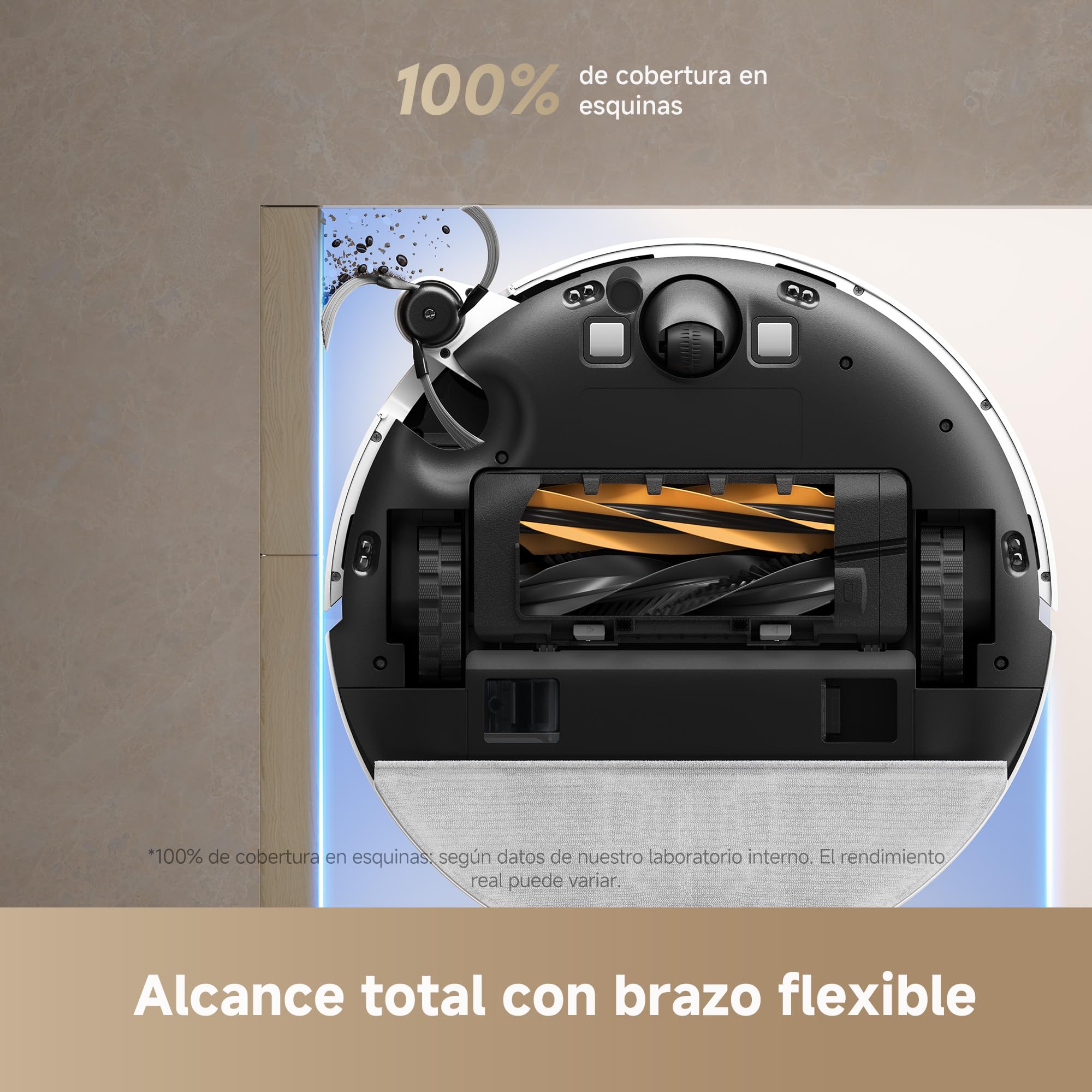 Vista inferior del robot aspirador DREAME D20 cubriendo esquinas con brazo flexible