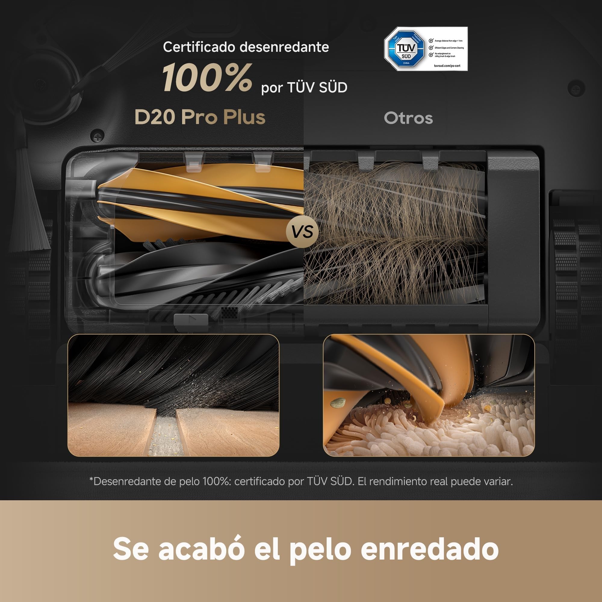 Detalle comparativo cepillo desenredante robot aspirador D20 Pro Plus