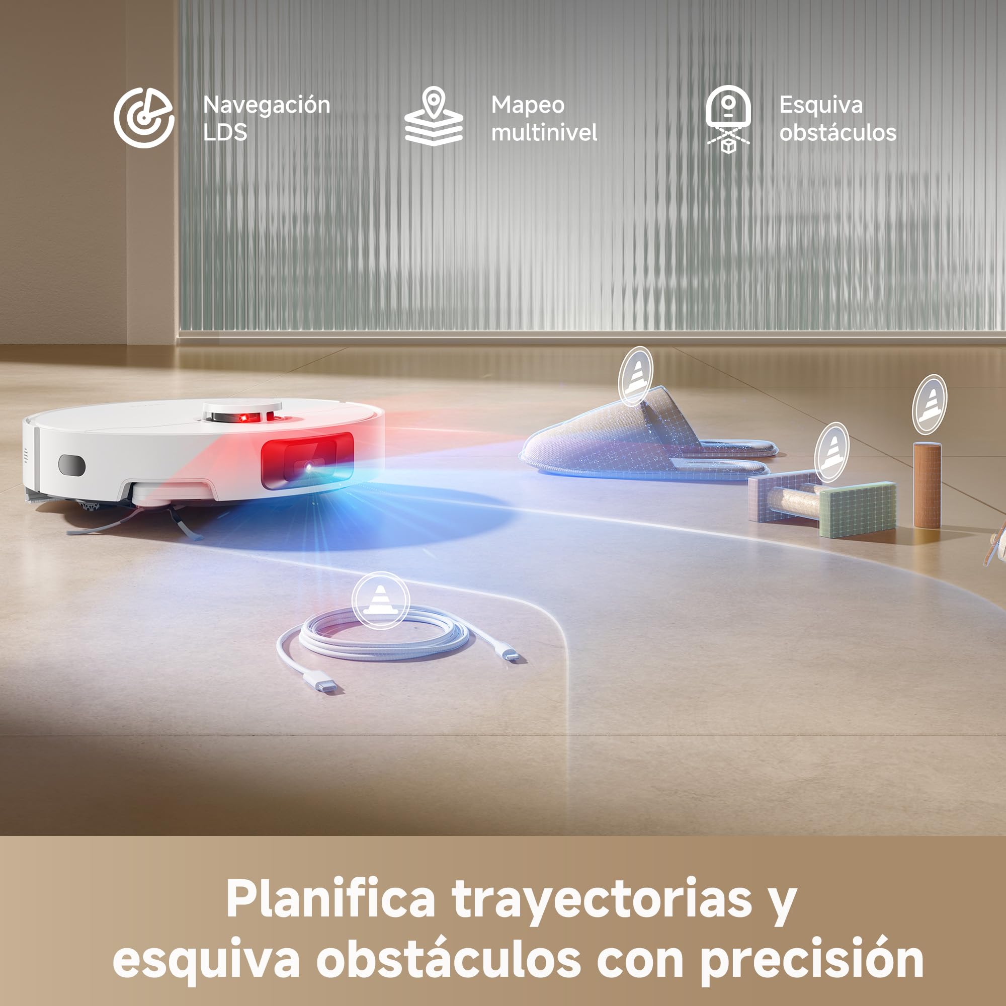 Robot aspirador DREAME D20 Pro Plus esquivando obstáculos con navegación LDS